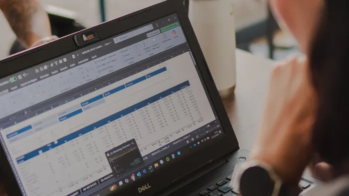 Persona revisando una hoja de cálculo llena de datos en la pantalla de una laptop