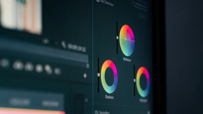 Ruedas de corrección de color en la pantalla de un programa de edición, con tonos vivos